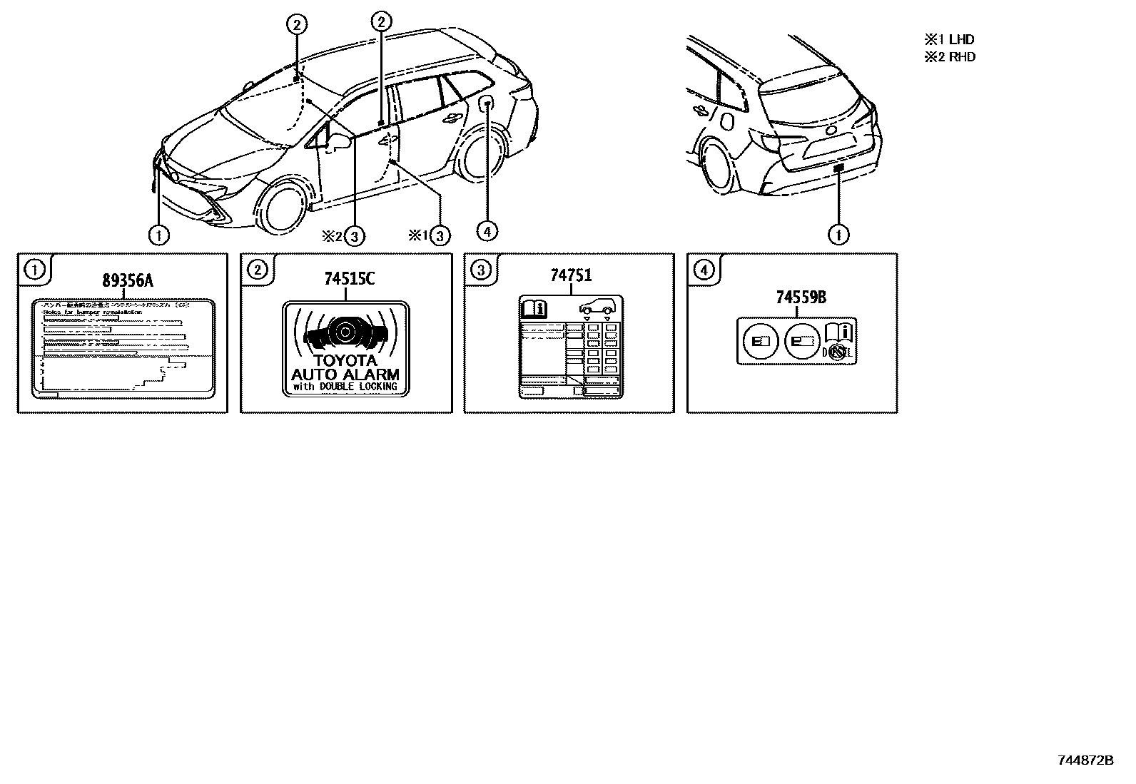 Toyota COROLLA 警示铭牌(车外和车内) EPC diagram — 744872B