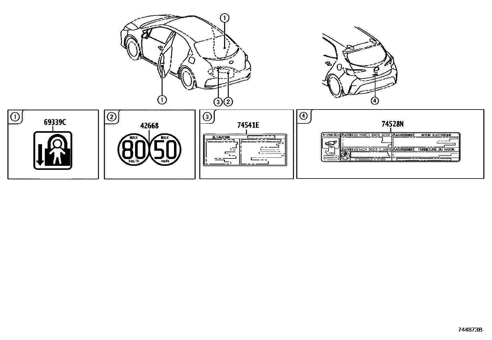 Toyota COROLLA 警示铭牌(车外和车内) EPC diagram — 744873B