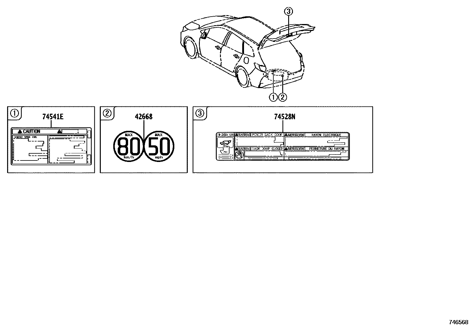 Toyota COROLLA 警示铭牌(车外和车内) EPC diagram — 746568