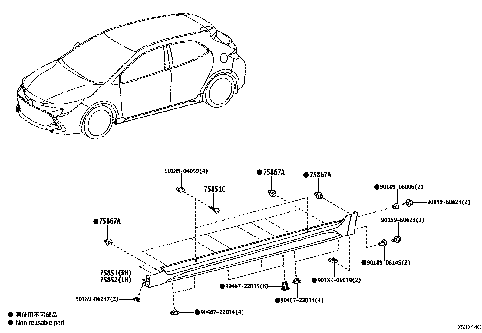Toyota COROLLA 侧防护条 EPC diagram — 753744C