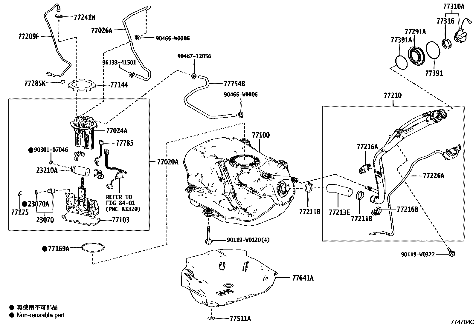 Toyota COROLLA 燃油箱和燃油管 EPC diagram — 774704C