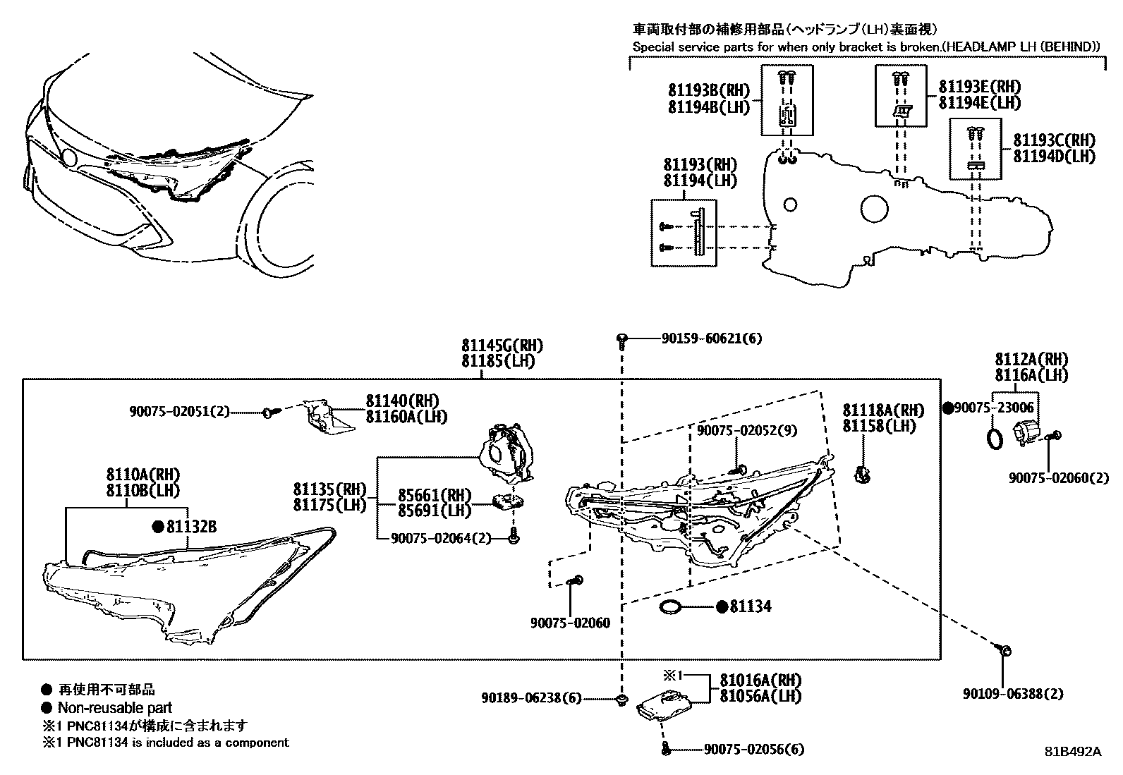 Toyota COROLLA Headlamp EPC diagram — 81B492A