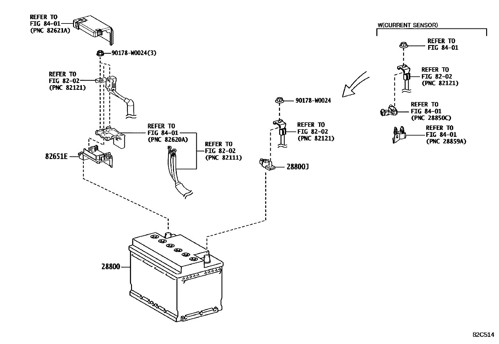 Toyota COROLLA 蓄电池和蓄电池电缆 EPC diagram — 82C514