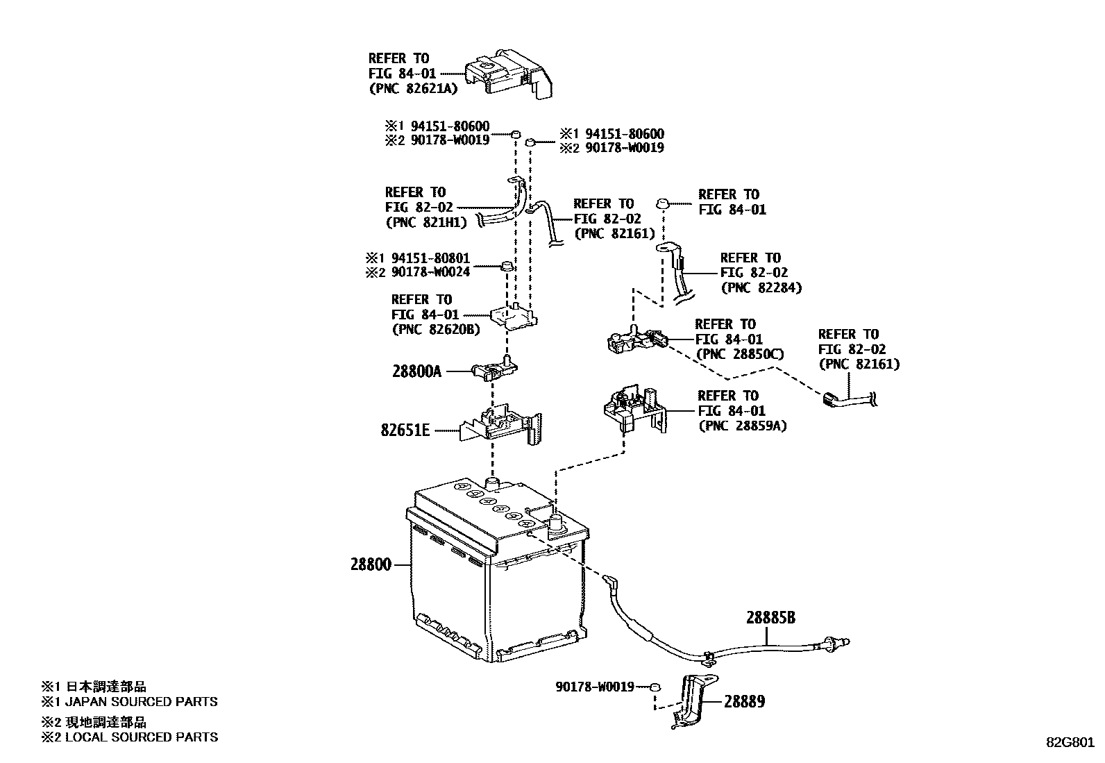 Toyota COROLLA 蓄电池和蓄电池电缆 EPC diagram — 82G801