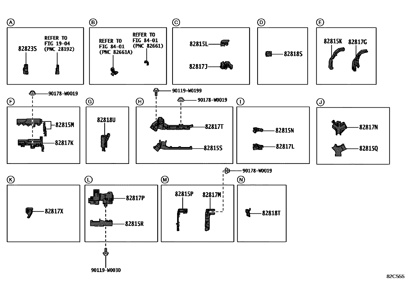 Toyota COROLLA 线束和卡夹 EPC diagram — 82C555