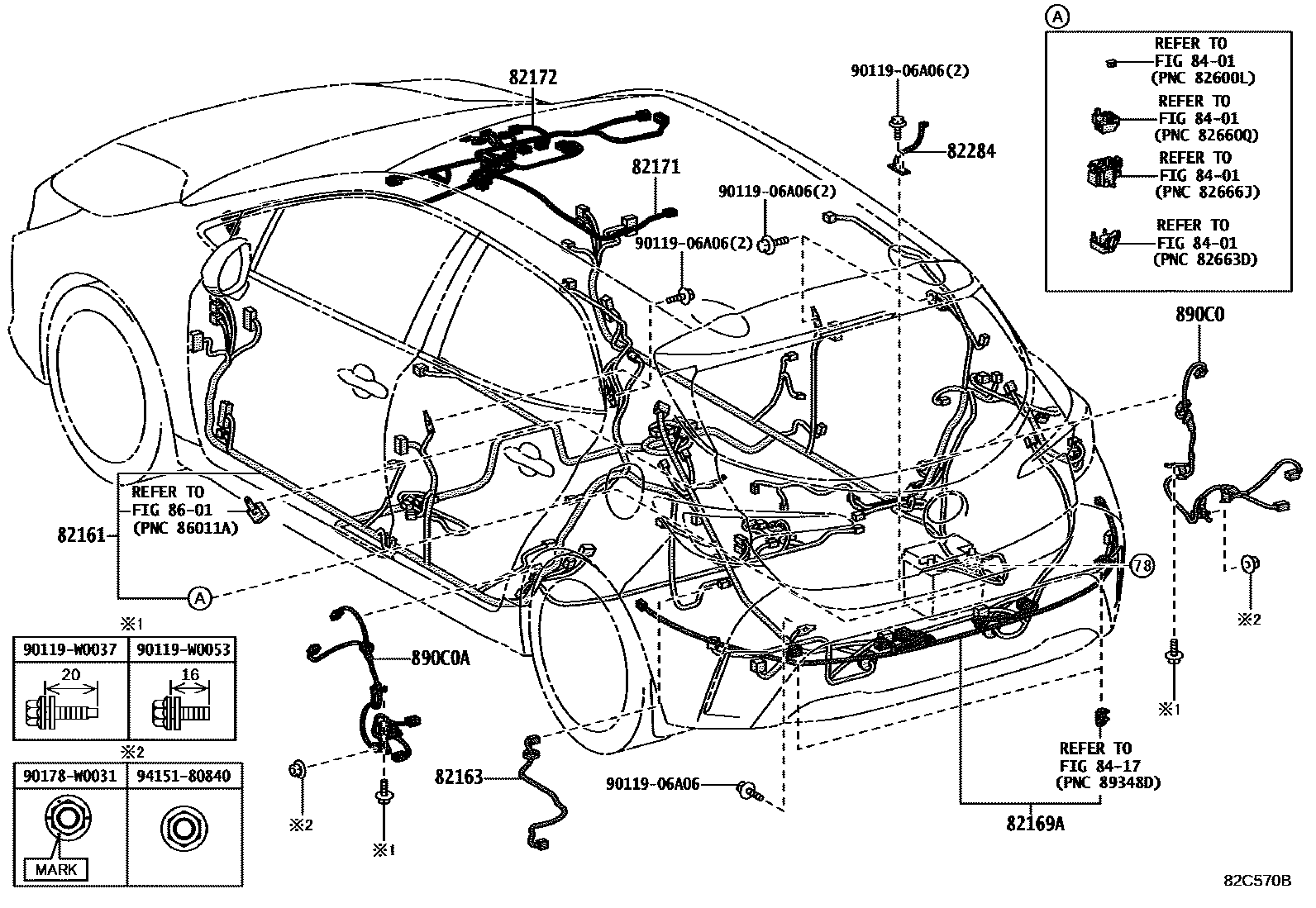 Toyota COROLLA 线束和卡夹 EPC diagram — 82C570B