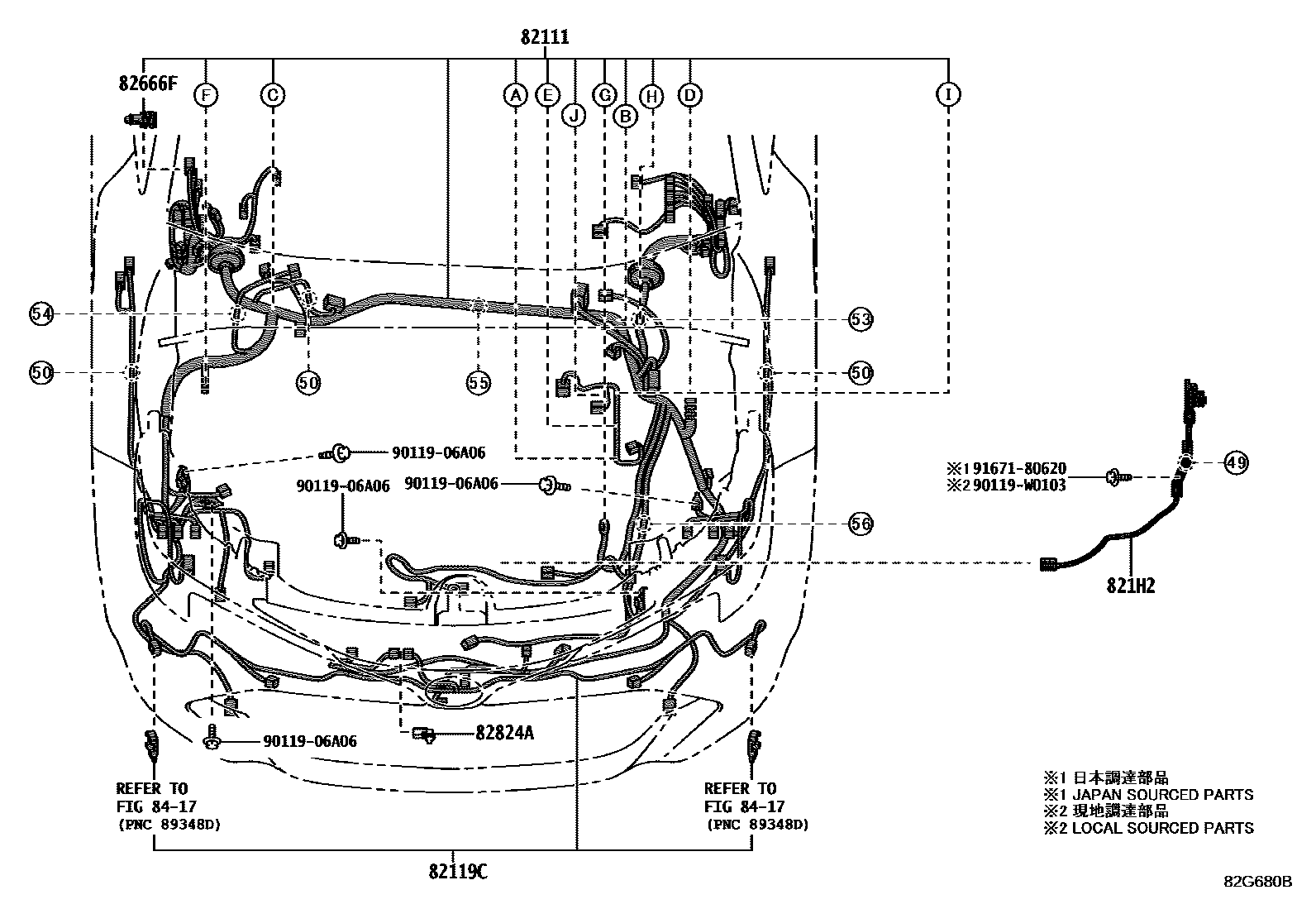 Toyota COROLLA 线束和卡夹 EPC diagram — 82G680B