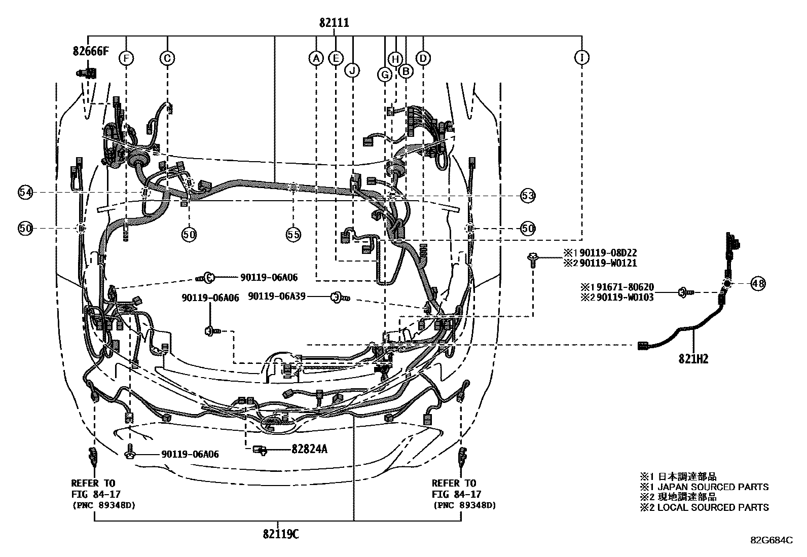 Toyota COROLLA 线束和卡夹 EPC diagram — 82G684C