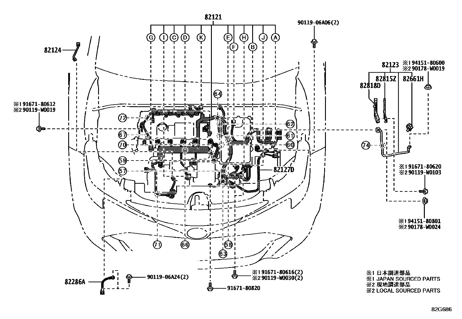 Toyota COROLLA 线束和卡夹 EPC diagram — 82G686