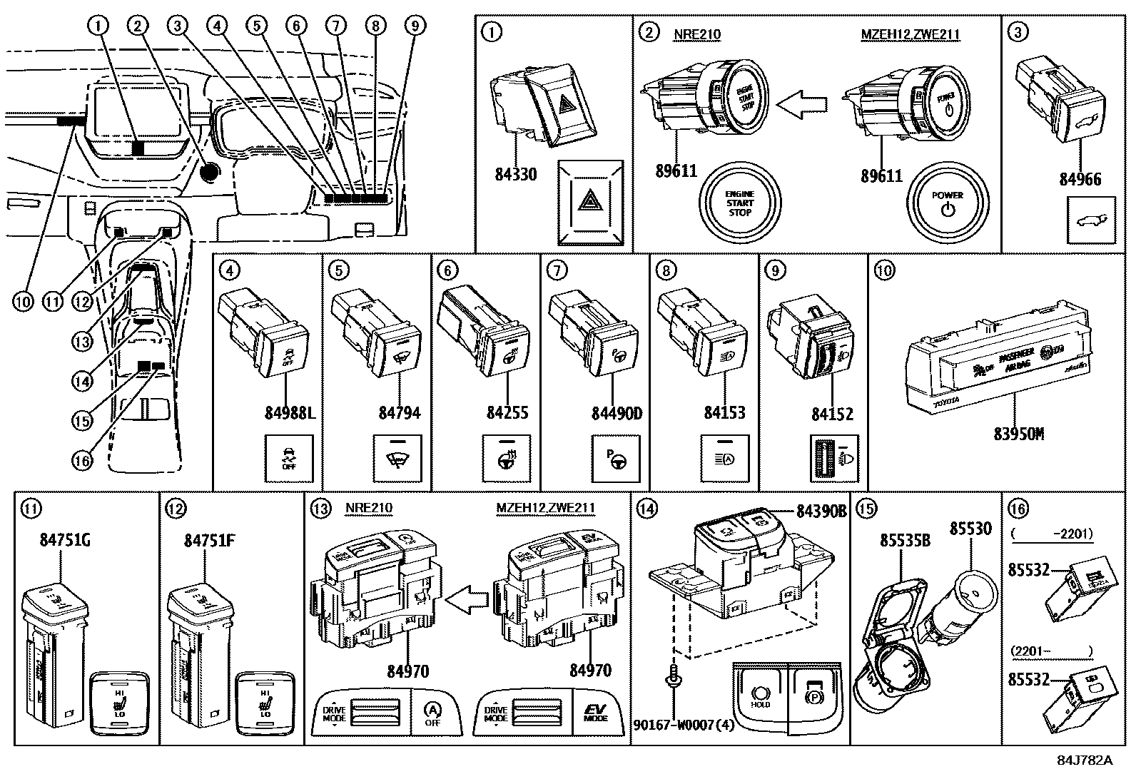 Toyota COROLLA 开关和继电器和ECU EPC diagram — 84J782A