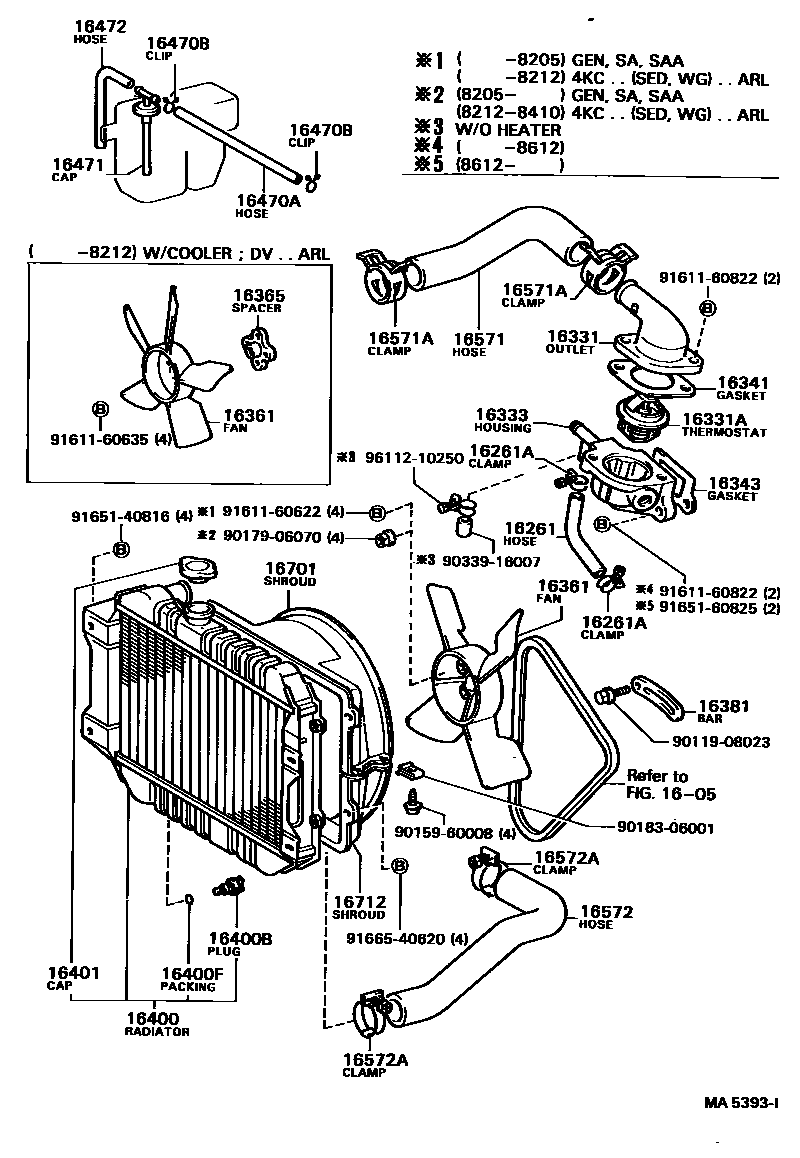 Toyota COROLLA RADIATOR & WATER OUTLET EPC diagram — MA5393I