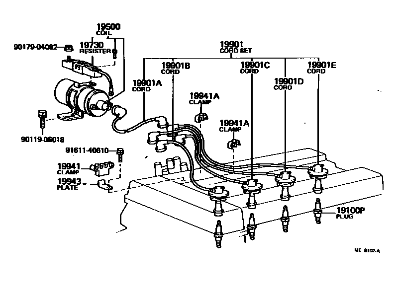 Toyota COROLLA 点火线圈和火花塞 EPC diagram — ME8102A