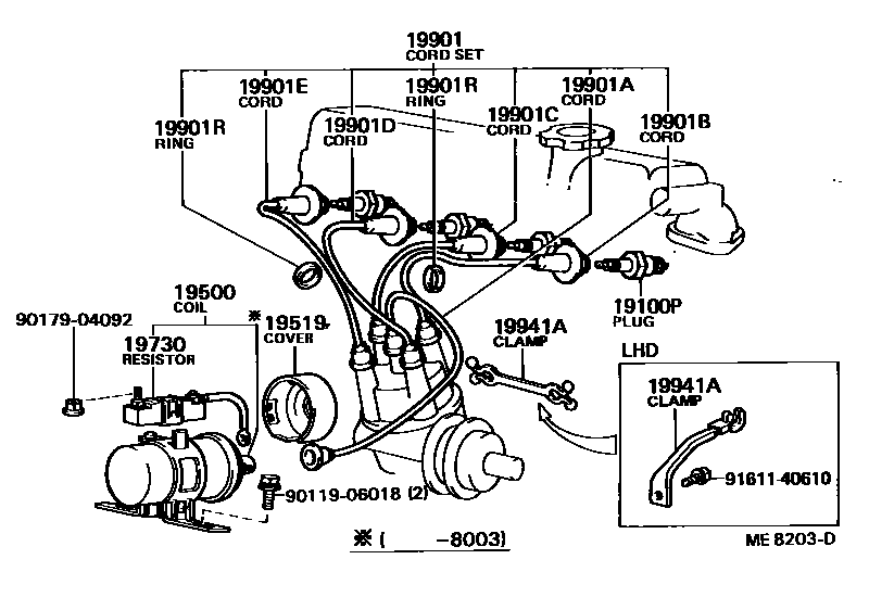 Toyota COROLLA 点火线圈和火花塞 EPC diagram — ME8203D