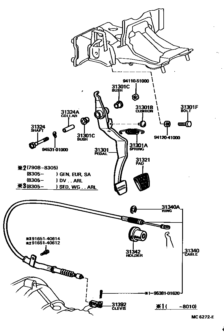 Toyota COROLLA 离合器踏板和挠性软管 EPC diagram — MC6272E