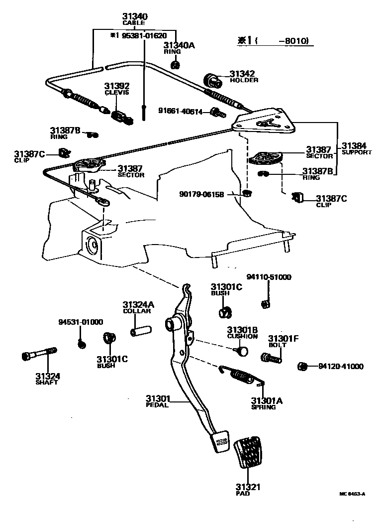 Toyota COROLLA 离合器踏板和挠性软管 EPC diagram — MC6463A