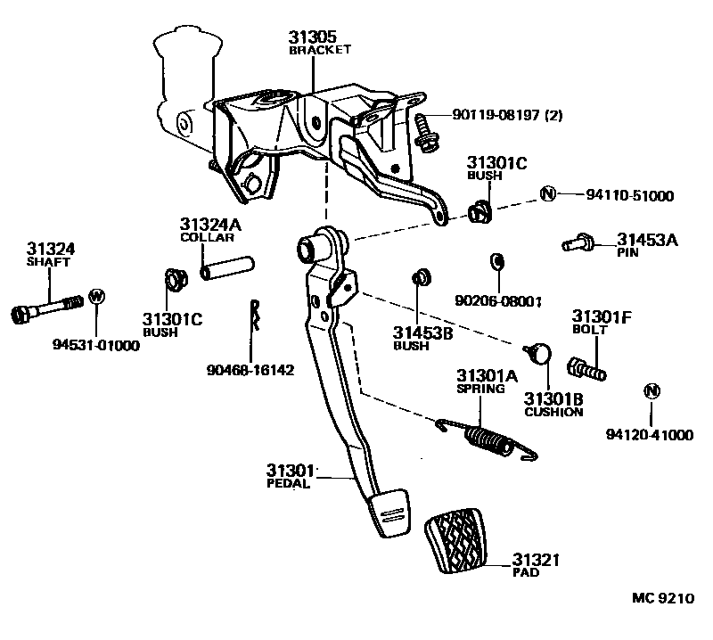 Toyota COROLLA 离合器踏板和挠性软管 EPC diagram — MC9210