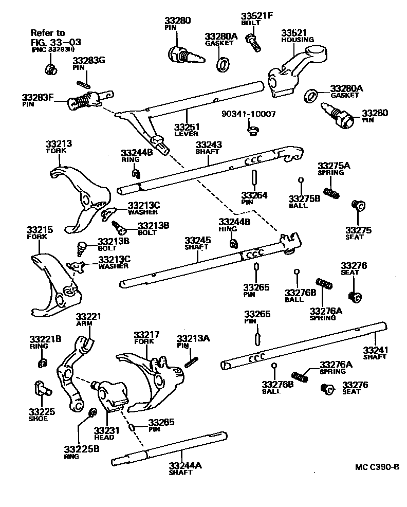 Toyota COROLLA 换档拨叉和换档杆轴(MTM) EPC diagram — MCC390B