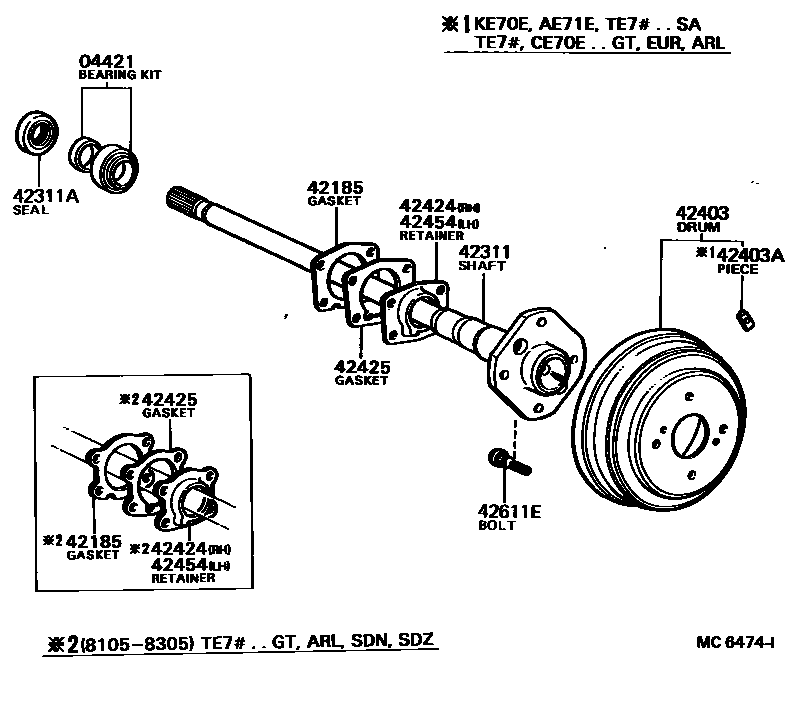 Toyota COROLLA 后桥半轴和后桥轮毂 EPC diagram — MC6474I