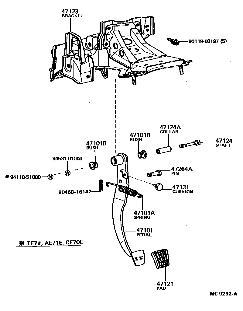 Toyota COROLLA Brake Pedal & Bracket EPC diagram — MC9292A