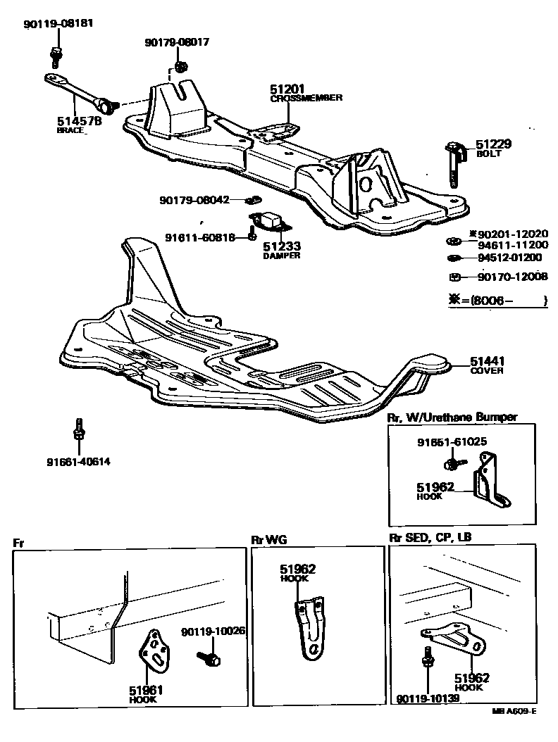 Toyota COROLLA 悬架横梁和发动机底罩 EPC diagram — MBA609E