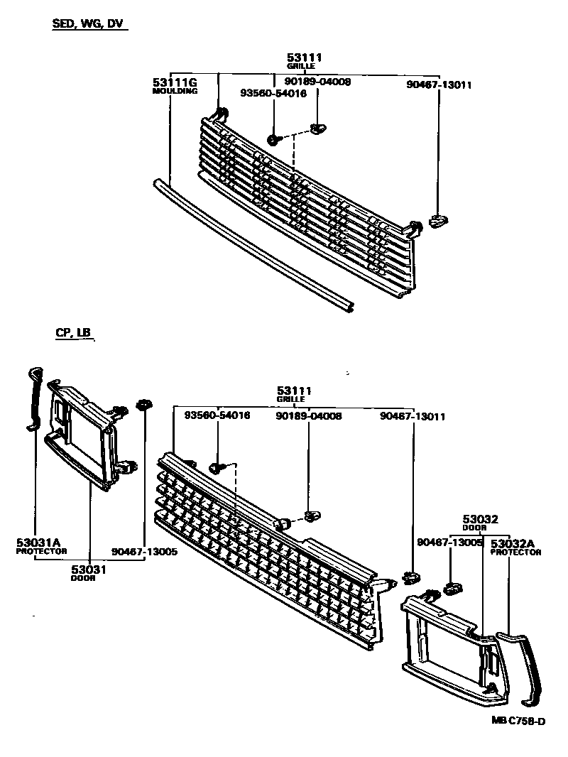 Toyota COROLLA radiator grille EPC diagram — MBC758D
