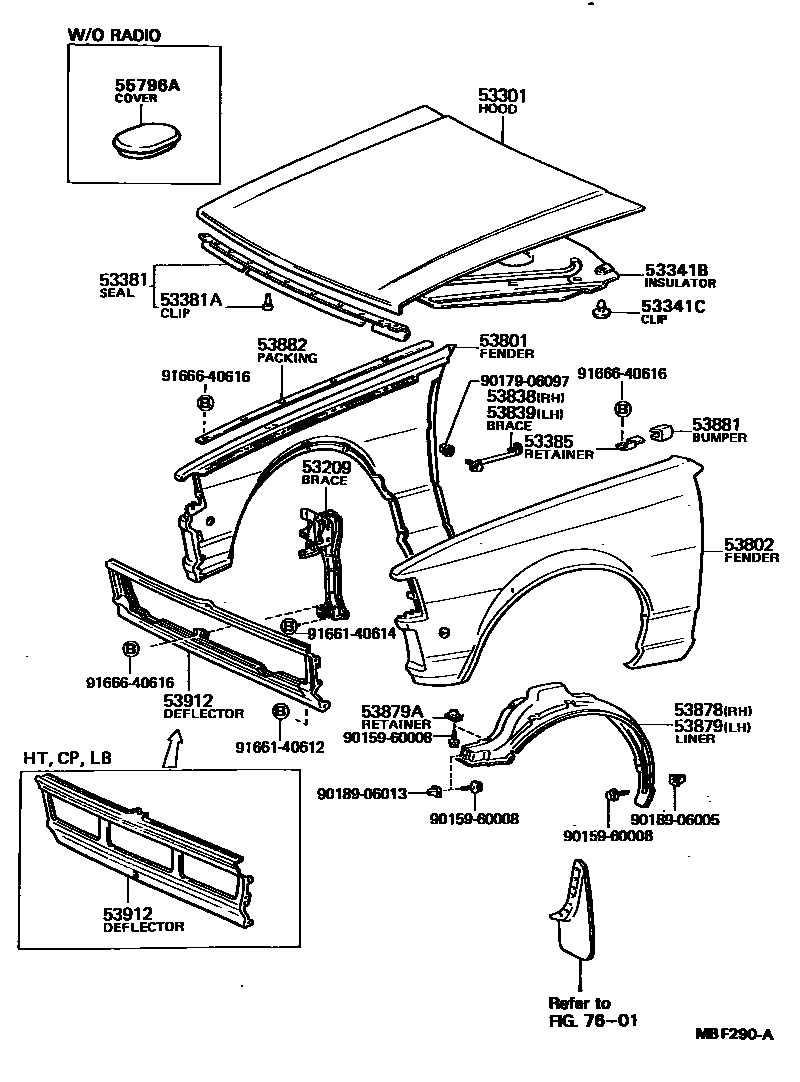 Toyota COROLLA 发动机盖和前翼子板 EPC diagram — MBF290A