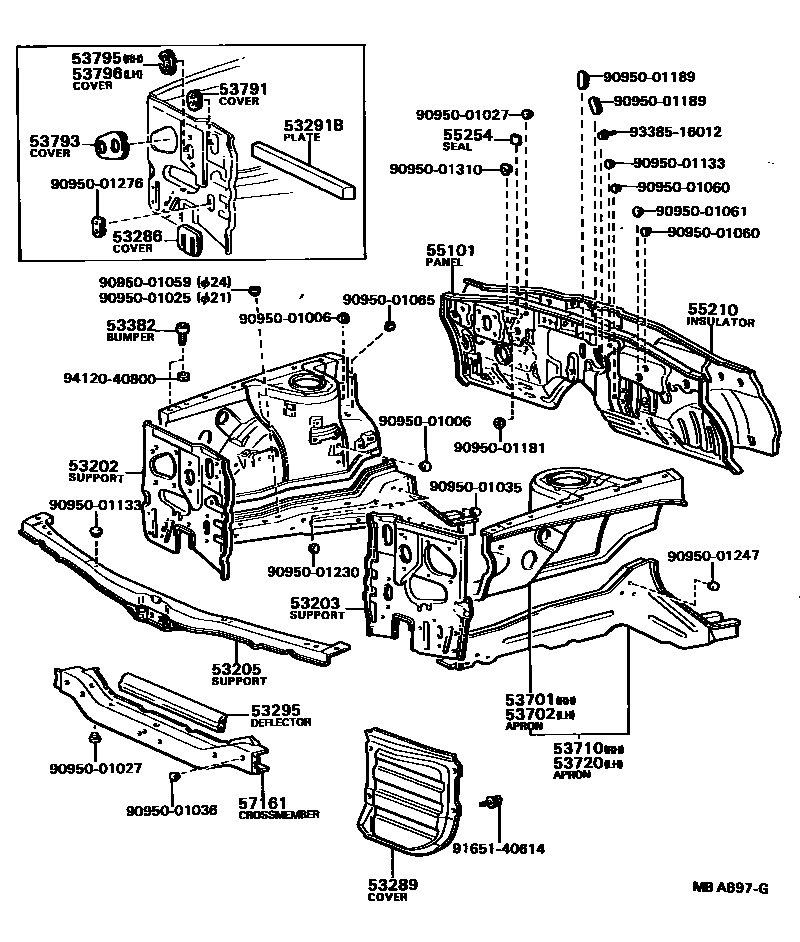 Toyota COROLLA 前翼子板挡泥板和前围板 EPC diagram — MBA697G