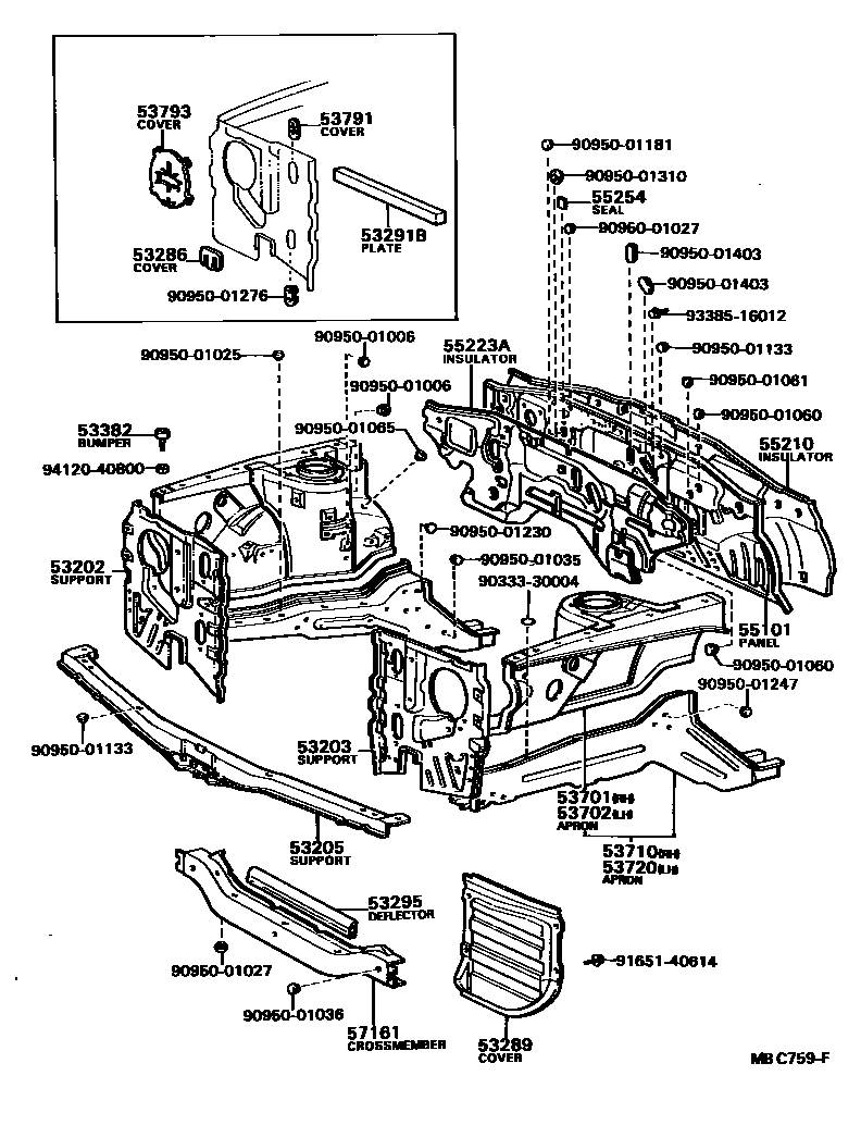 Toyota COROLLA 前翼子板挡泥板和前围板 EPC diagram — MBC759F