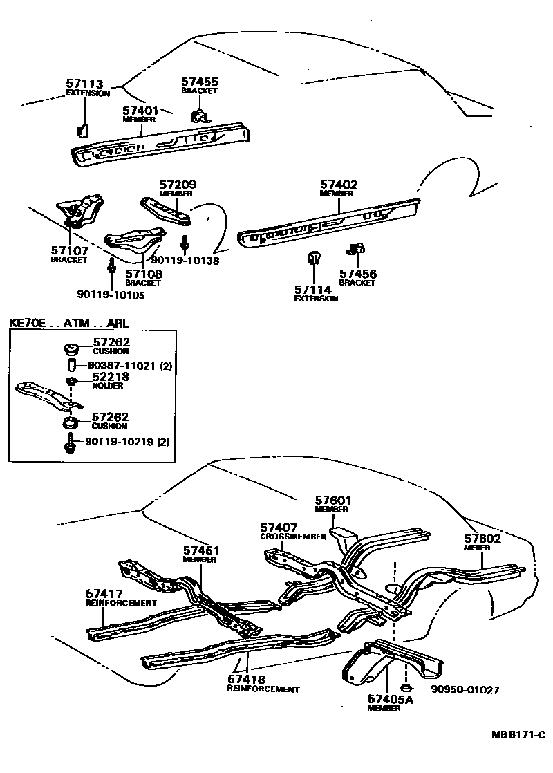 Toyota COROLLA Floor stringers EPC diagram — MBB171C
