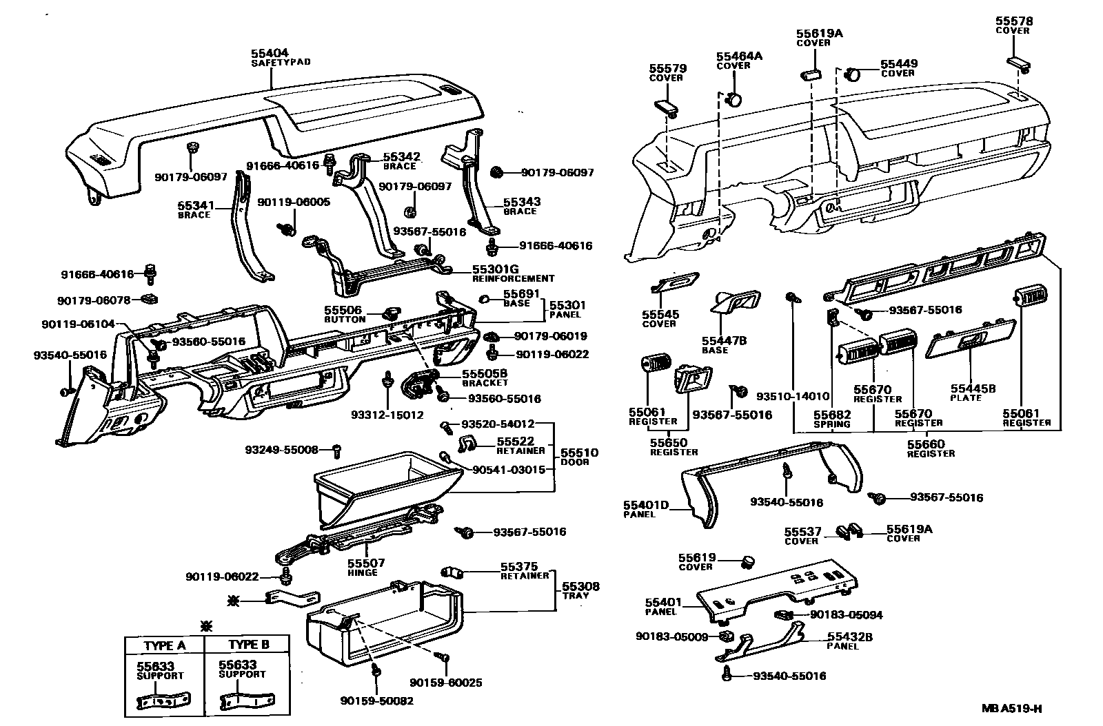 Toyota COROLLA 仪表板和手套箱 EPC diagram — MBA519H