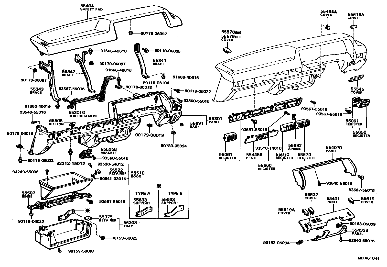 Toyota COROLLA 仪表板和手套箱 EPC diagram — MBA610H