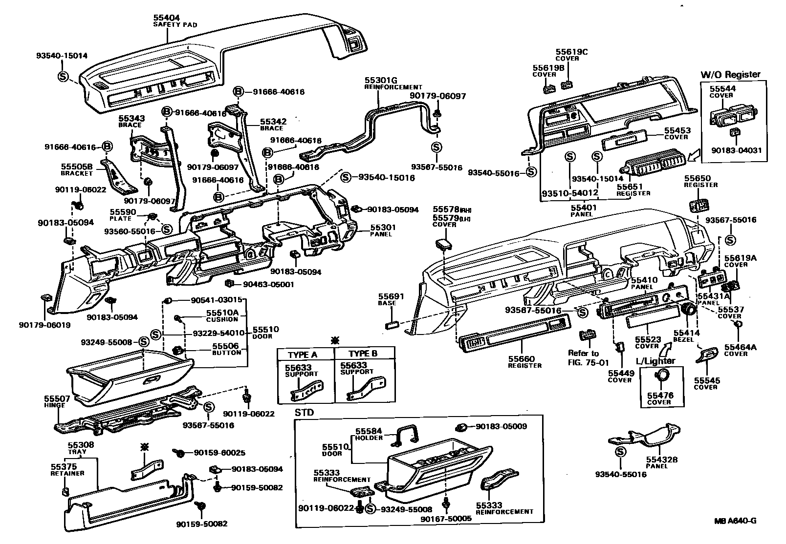 Toyota COROLLA 仪表板和手套箱 EPC diagram — MBA640G