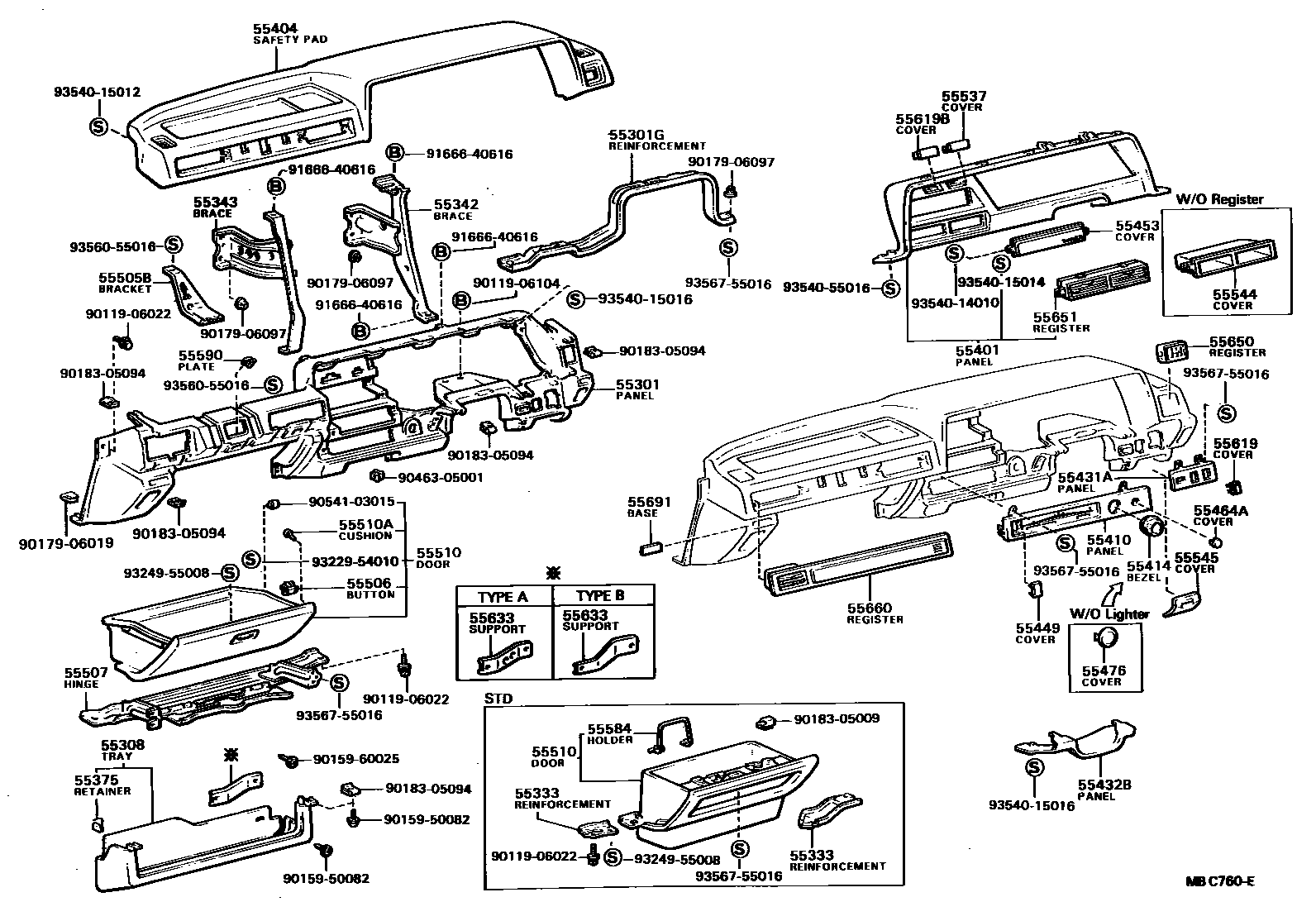 Toyota COROLLA 仪表板和手套箱 EPC diagram — MBC760E