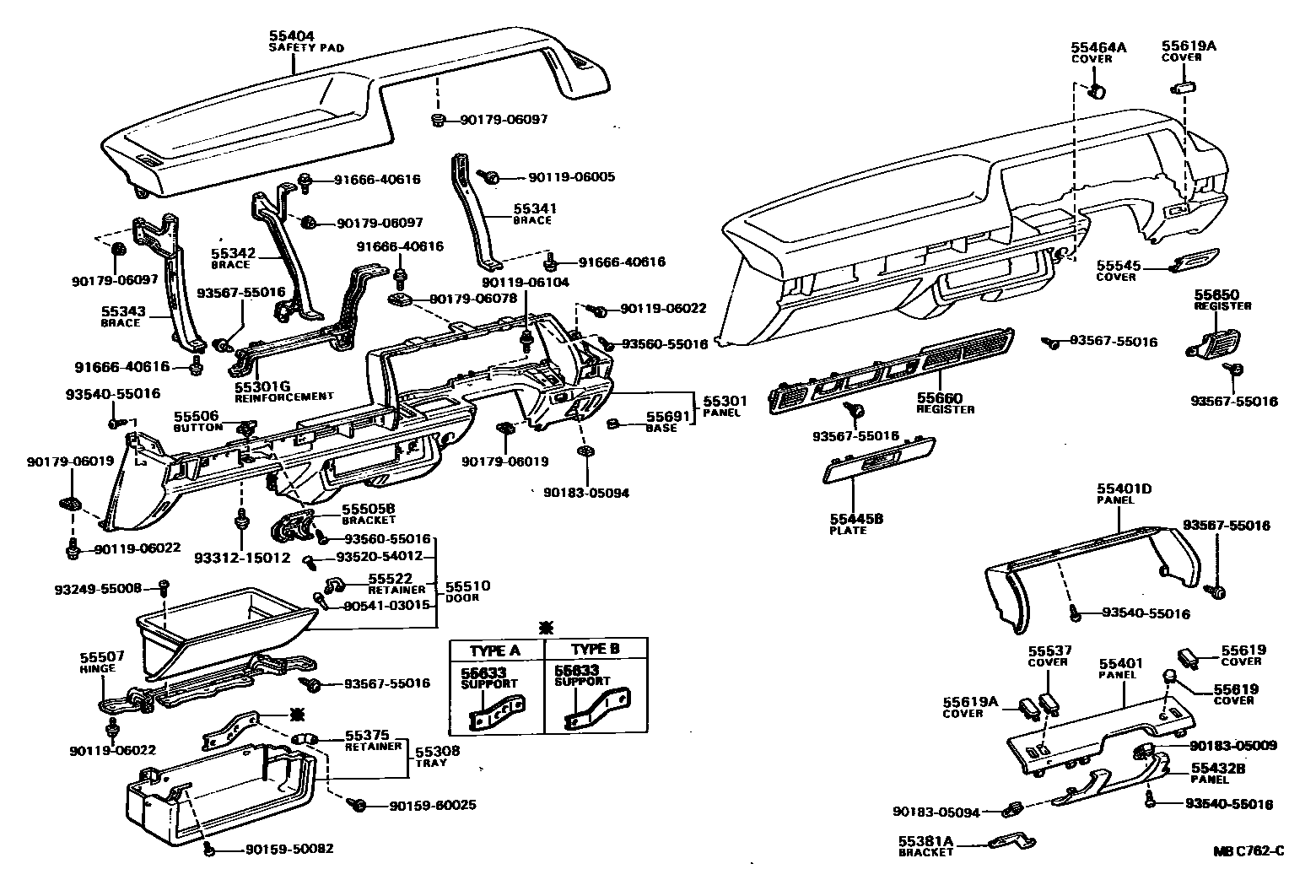 Toyota COROLLA 仪表板和手套箱 EPC diagram — MBC762C
