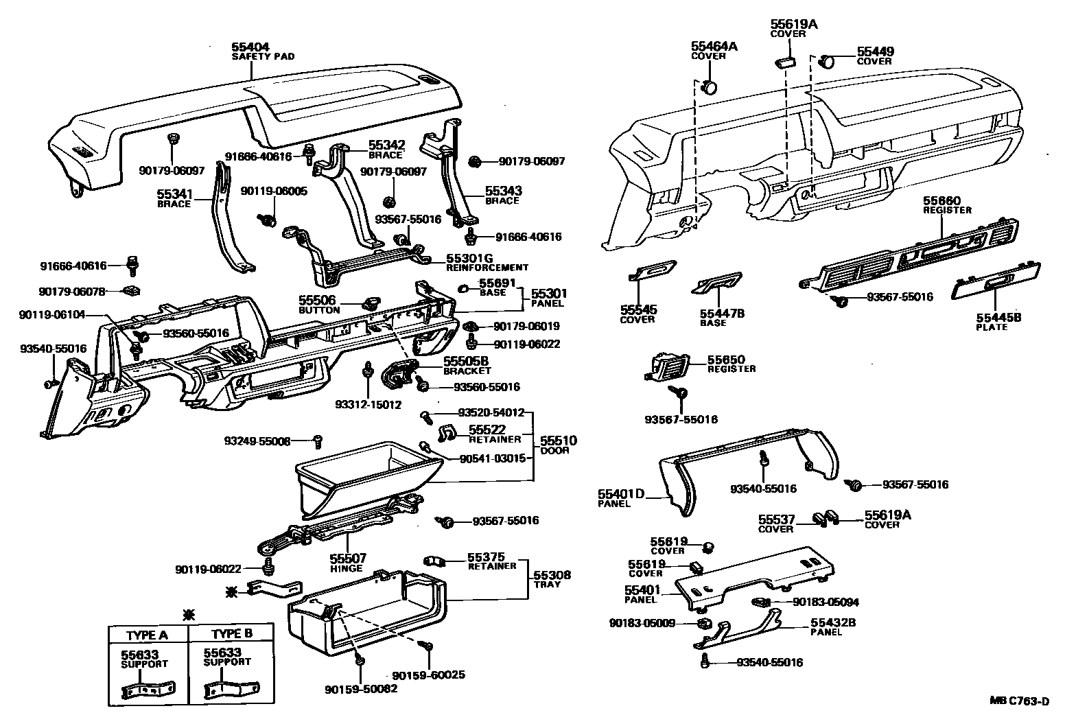 Toyota COROLLA 仪表板和手套箱 EPC diagram — MBC763D