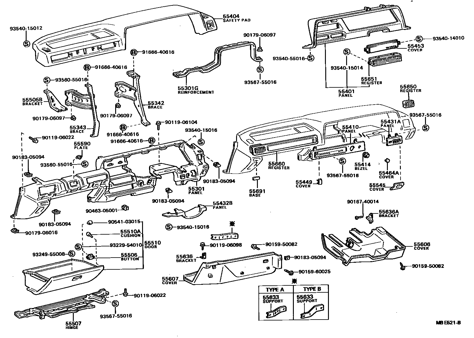 Toyota COROLLA 仪表板和手套箱 EPC diagram — MBE521B