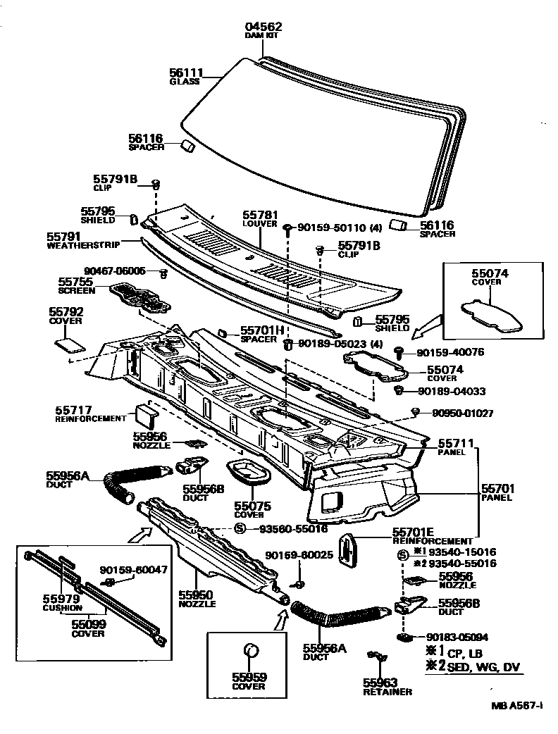 Toyota COROLLA 前围板和挡风玻璃 EPC diagram — MBA567I
