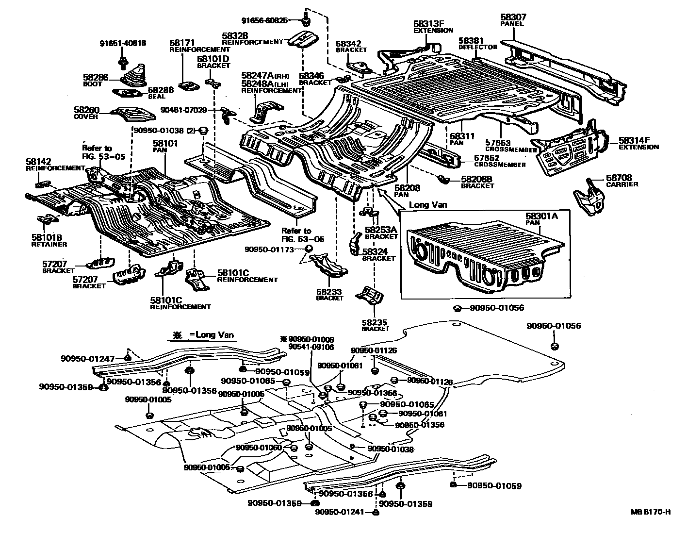Toyota COROLLA 浅盘形地板和车身下背板 EPC diagram — MBB170H
