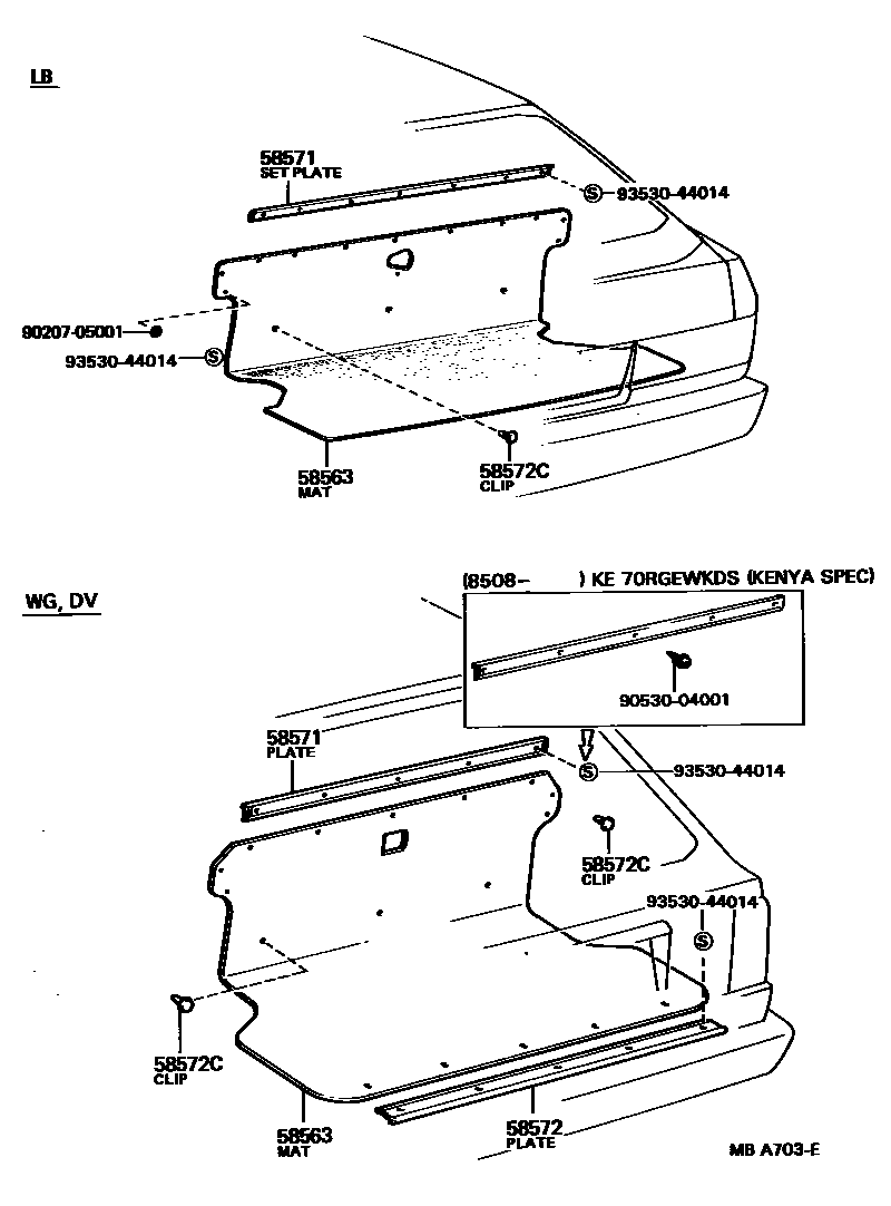 Toyota COROLLA 地板垫和地毯 EPC diagram — MBA703E