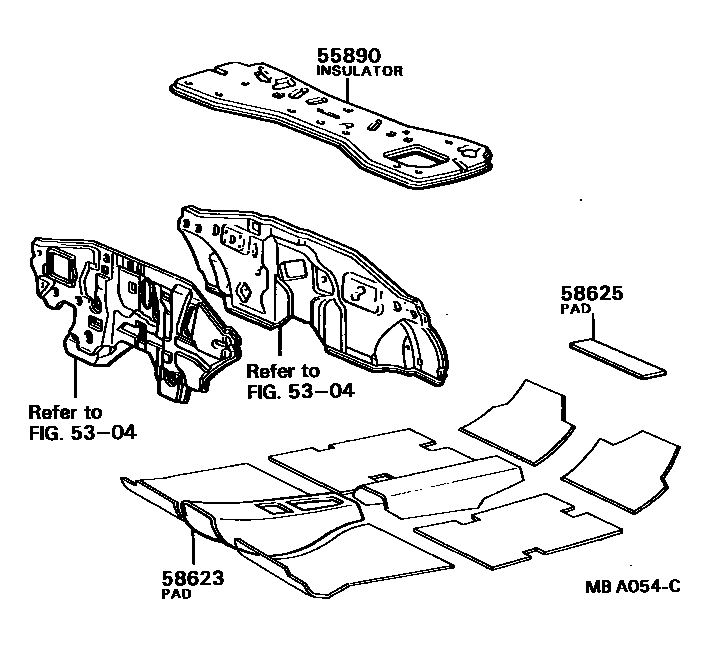 Toyota COROLLA 前围板消声板和地板消声垫 EPC diagram — MBA054C