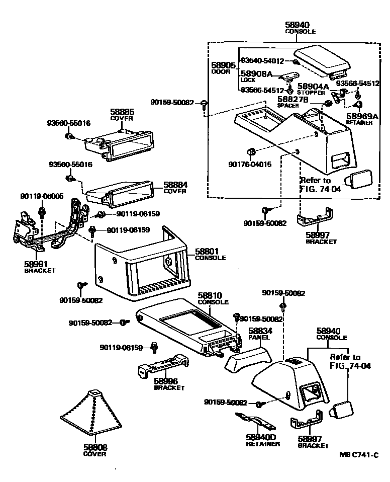 Toyota COROLLA 中央扶手箱和支架 EPC diagram — MBC741C