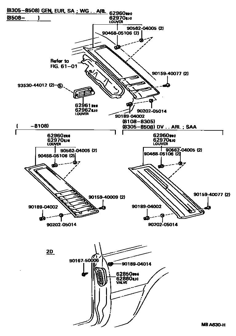 Toyota COROLLA 车侧通风装置 EPC diagram — MBA630H