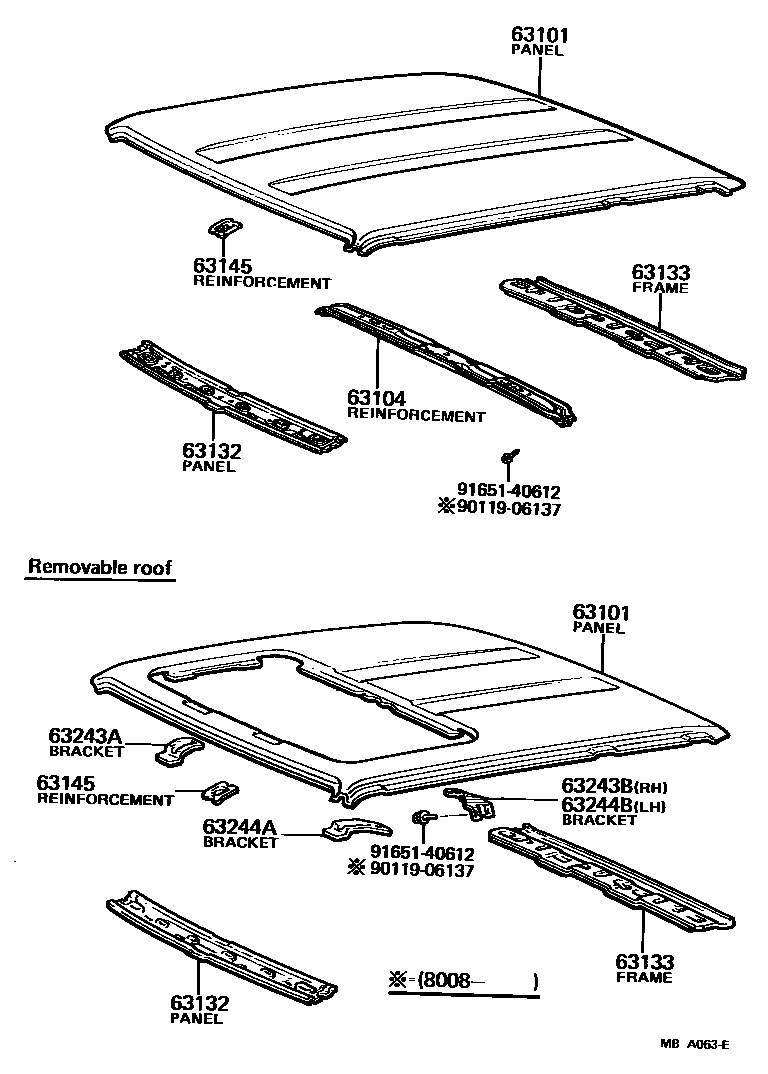 Toyota COROLLA 天窗板和背窗玻璃 EPC diagram — MBA063E