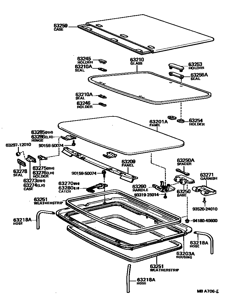 Toyota COROLLA 天窗板和背窗玻璃 EPC diagram — MBA706E