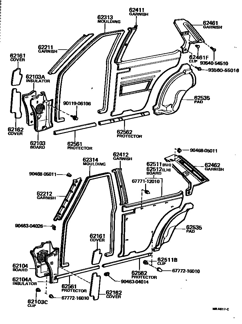 Toyota COROLLA 内饰板和车门防水胶条 EPC diagram — MBA617C