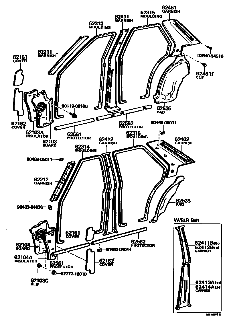 Toyota COROLLA 内饰板和车门防水胶条 EPC diagram — MBA618D
