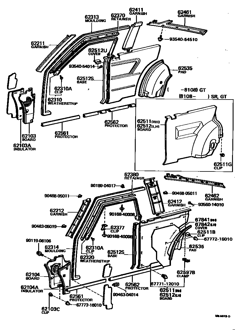 Toyota COROLLA 内饰板和车门防水胶条 EPC diagram — MBA619D