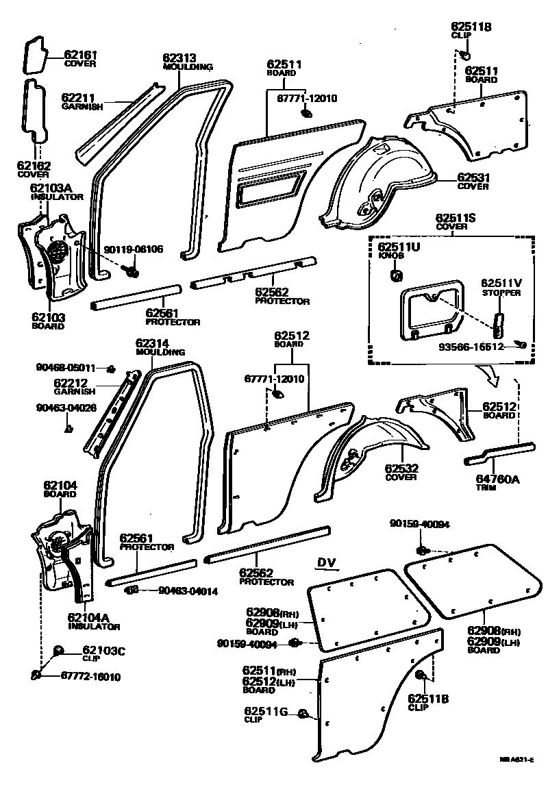 Toyota COROLLA 内饰板和车门防水胶条 EPC diagram — MBA621E