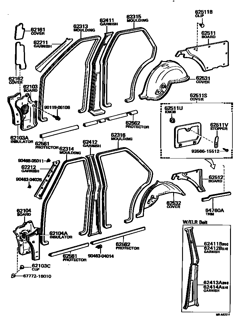 Toyota COROLLA 内饰板和车门防水胶条 EPC diagram — MBA622F