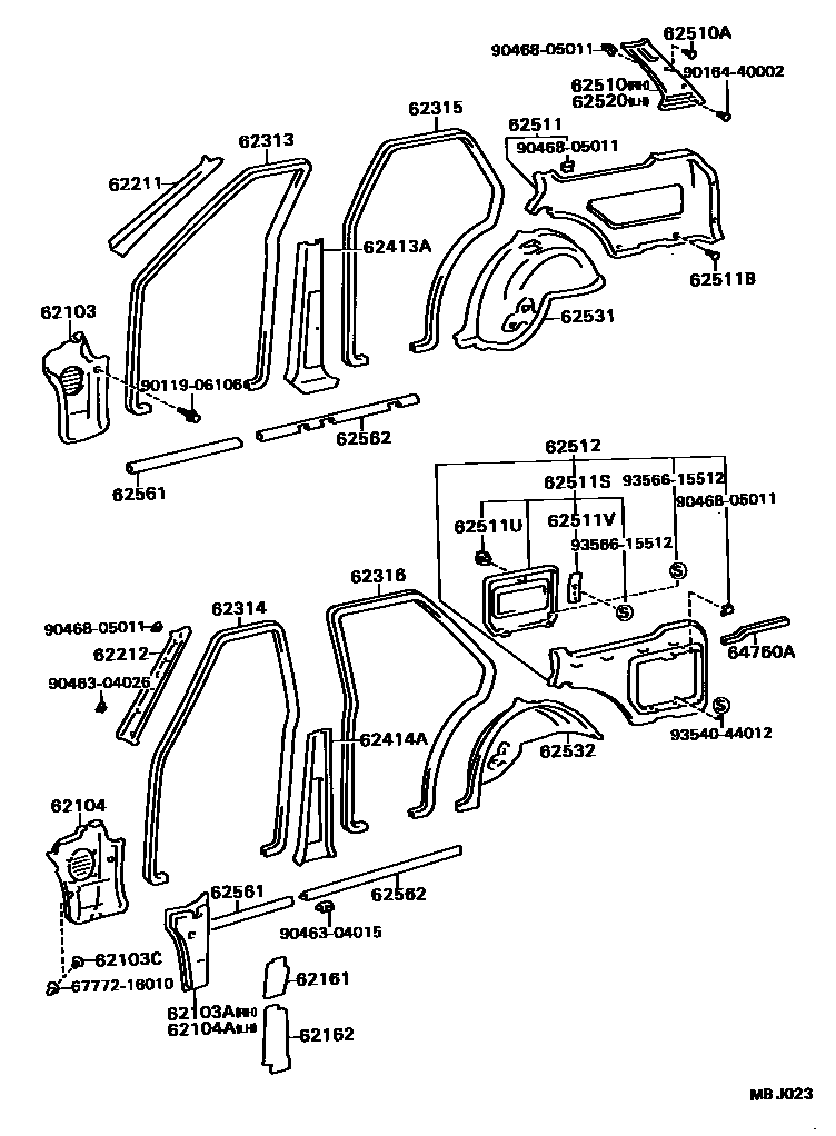 Toyota COROLLA 内饰板和车门防水胶条 EPC diagram — MBJ023